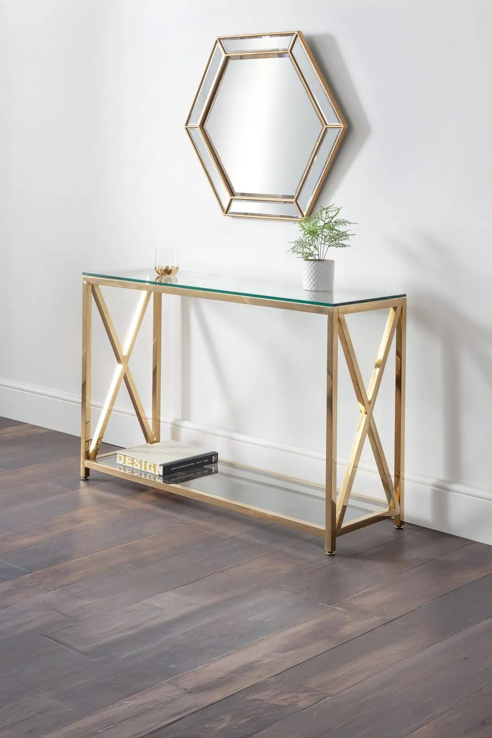 Julian Bowen Miami Glass Top Cross Frame Console Table with Shelf in Gold 1