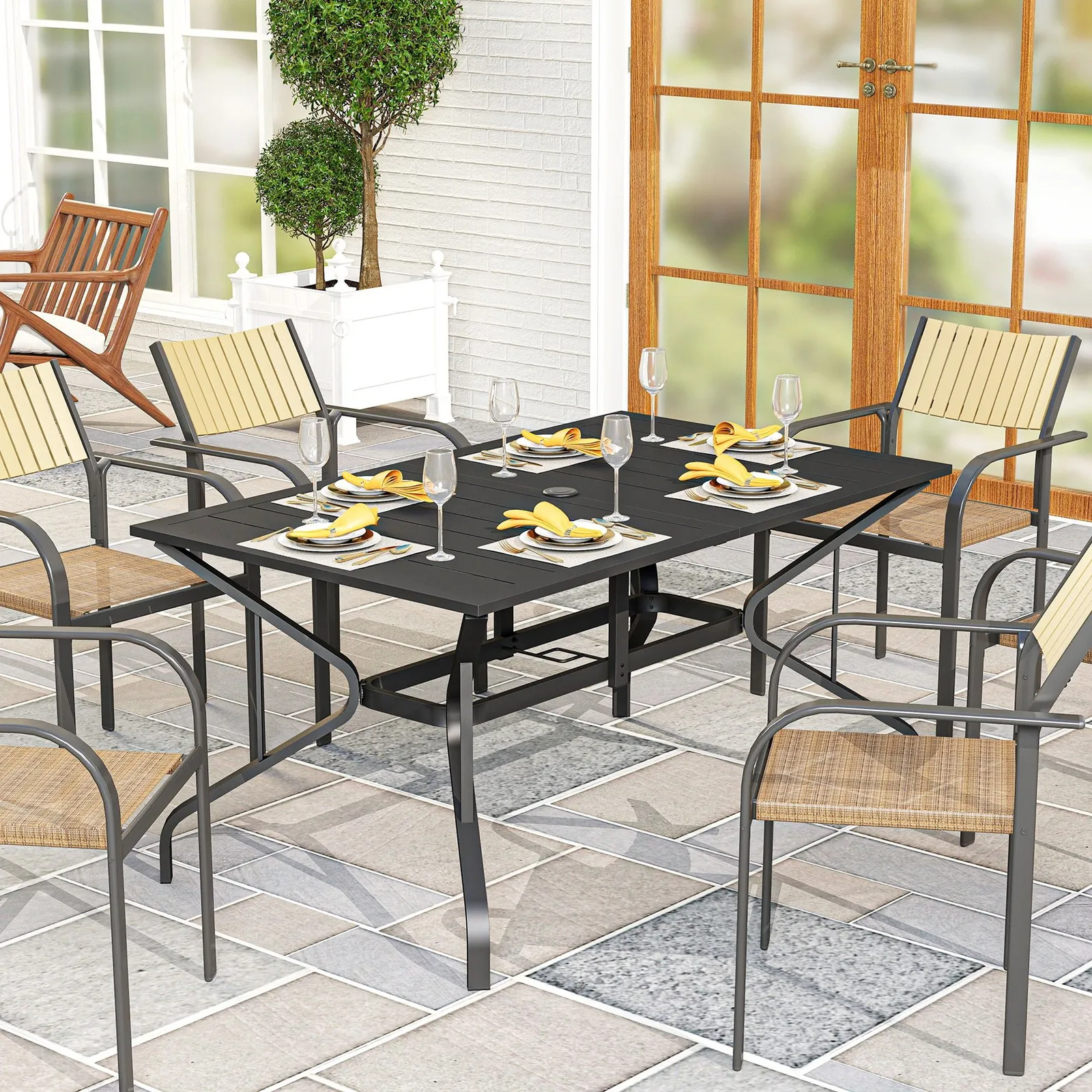 OUTSUNNY Garden Dining Table with Steel Frame & Slatted Top in Black
