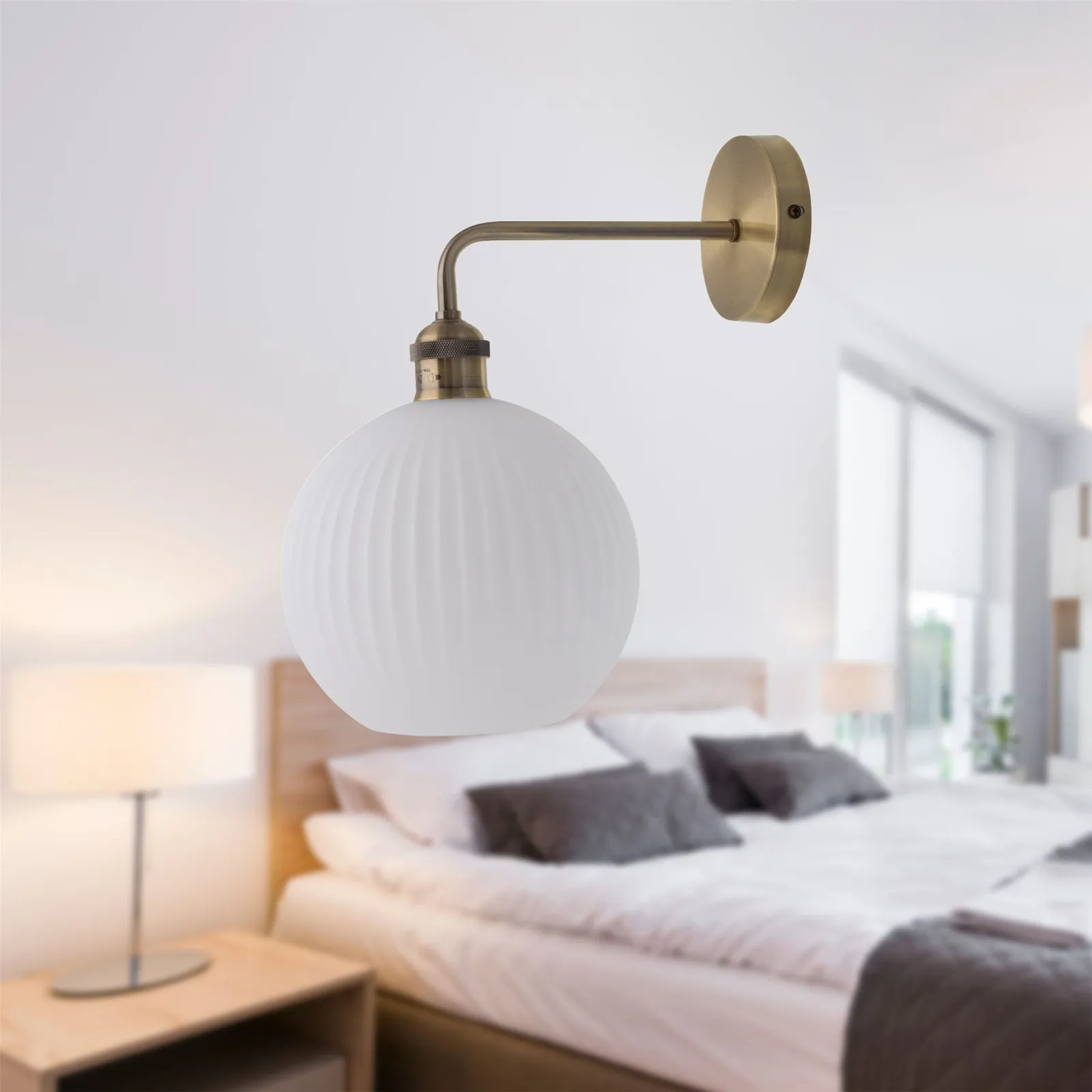 First Choice Lighting Set of 2 Isaac - Antique Brass Wall Lights with White Ribbed Shades in Gold 4