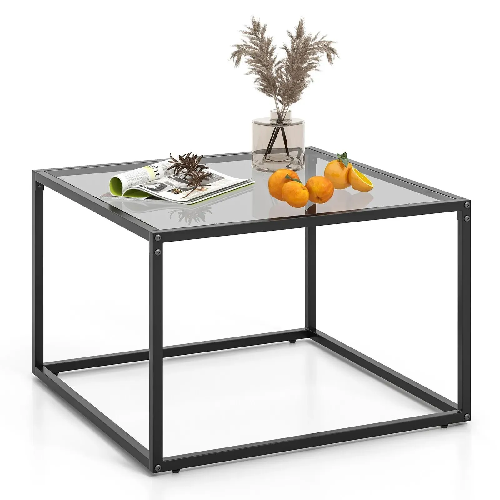 Costway Tempered Glass Top Coffee Table Home Square Tea Table Accent Sofa Side Table in Grey