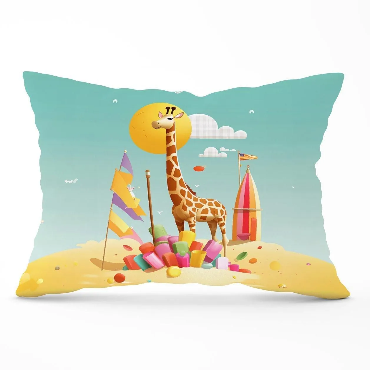 Warren Reed - Designer A Giraffe On A Beach Holiday Cushions in Yellow