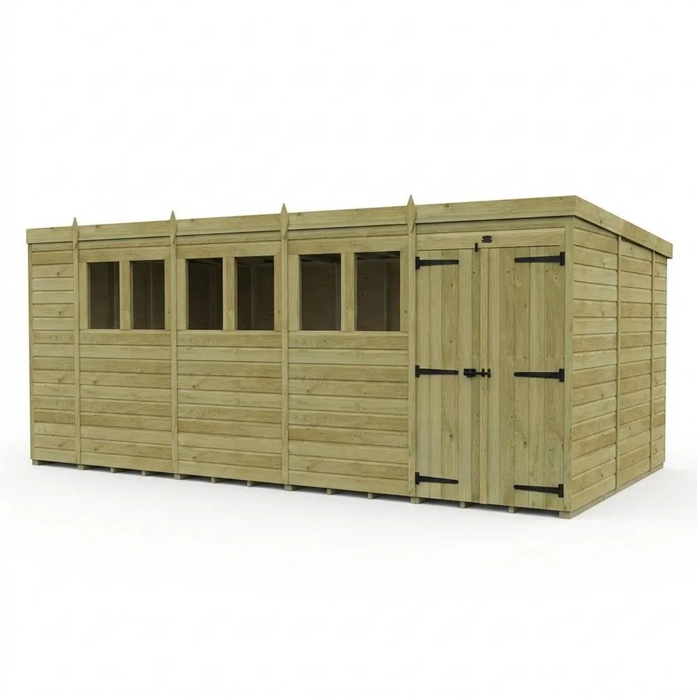 Buttercup Farm 18ft x 10ft Pent Garden Shed Double Door With Windows - Timber in Brown