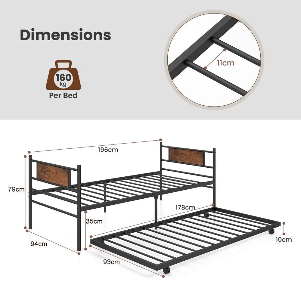 Costway Metal Daybed with Pull out Trundle Single Sofa Guest Bed with Headboard in Brown 3