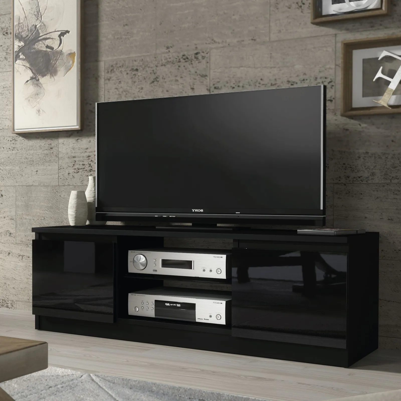 Creative Furniture TV Unit 120cm Modern - Black with High Gloss Doors 6