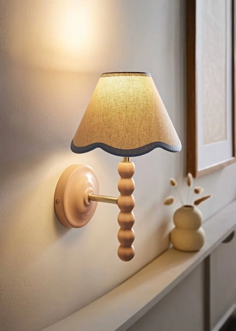 ValueLights Bobbins Rose Pink Bobble Wall Light & Linen Pastel Trim Lamp Shade in Pale Blue 1