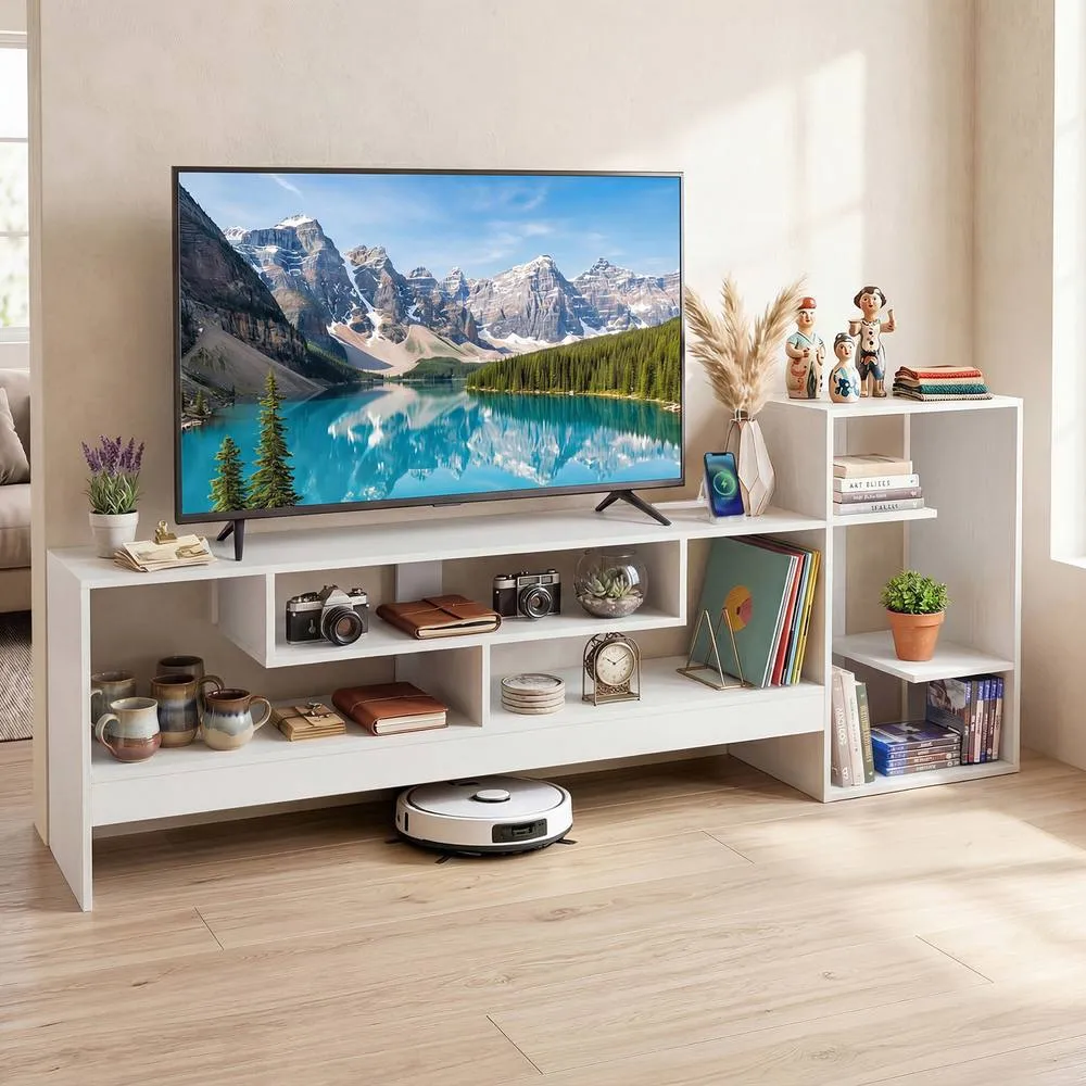 Costway Cube TV Stand for 55 Inch TV Entertainment Center with Power Outlets in White 3