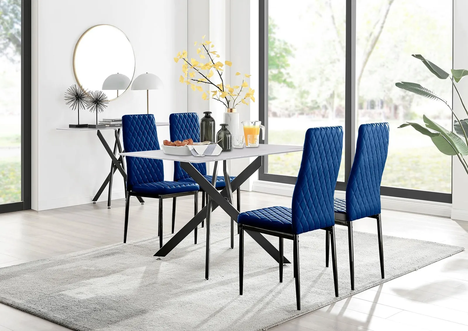 FurnitureboxUK Leonardo White Glass Marble Effect Black Leg Table & 4 Velvet Milan Black Leg Chairs in Navy 1