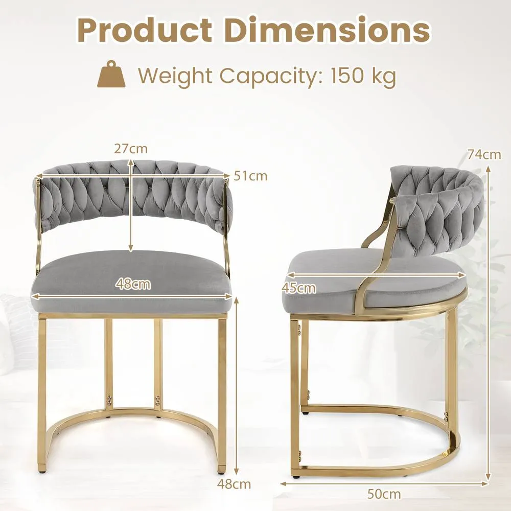 Costway 2PCS Velvet Dining Chairs Modern Woven Upholstered Accent Chairs in Grey 2