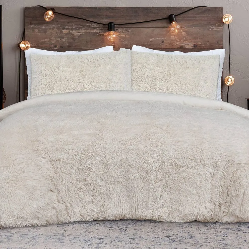 Smart Living Luxury Shaggy Faux Fur Fleece Reversible Duvet Cover with Pillowcases in Cream
