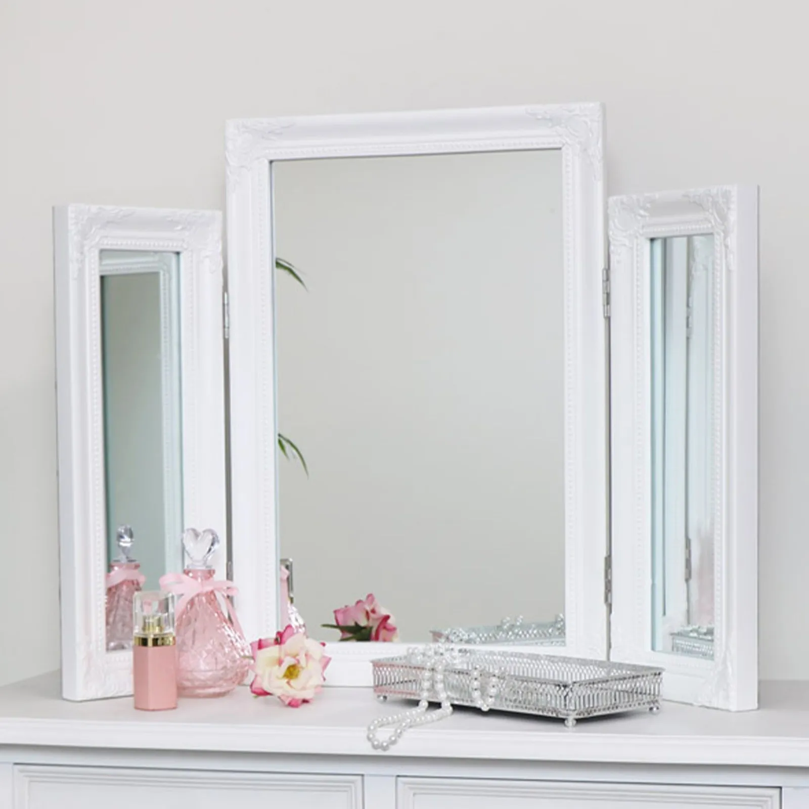 Melody Maison Ornate White Vintage Triple Dressing Table Mirror - 55cm X 74cm