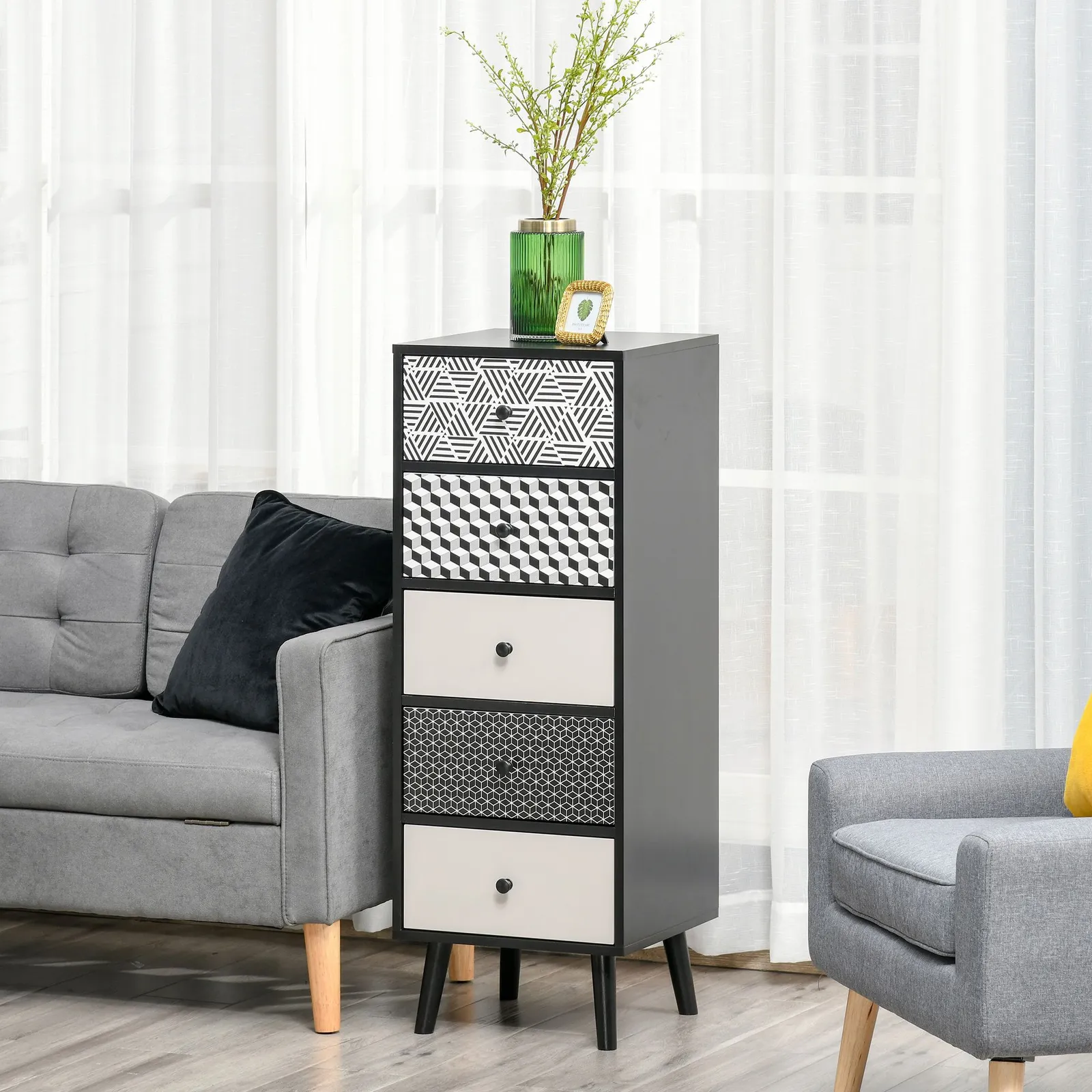 HOMCOM Chest of Drawers 5 Drawer Dresser Wooden Storage Cabinet Bedroom in Black