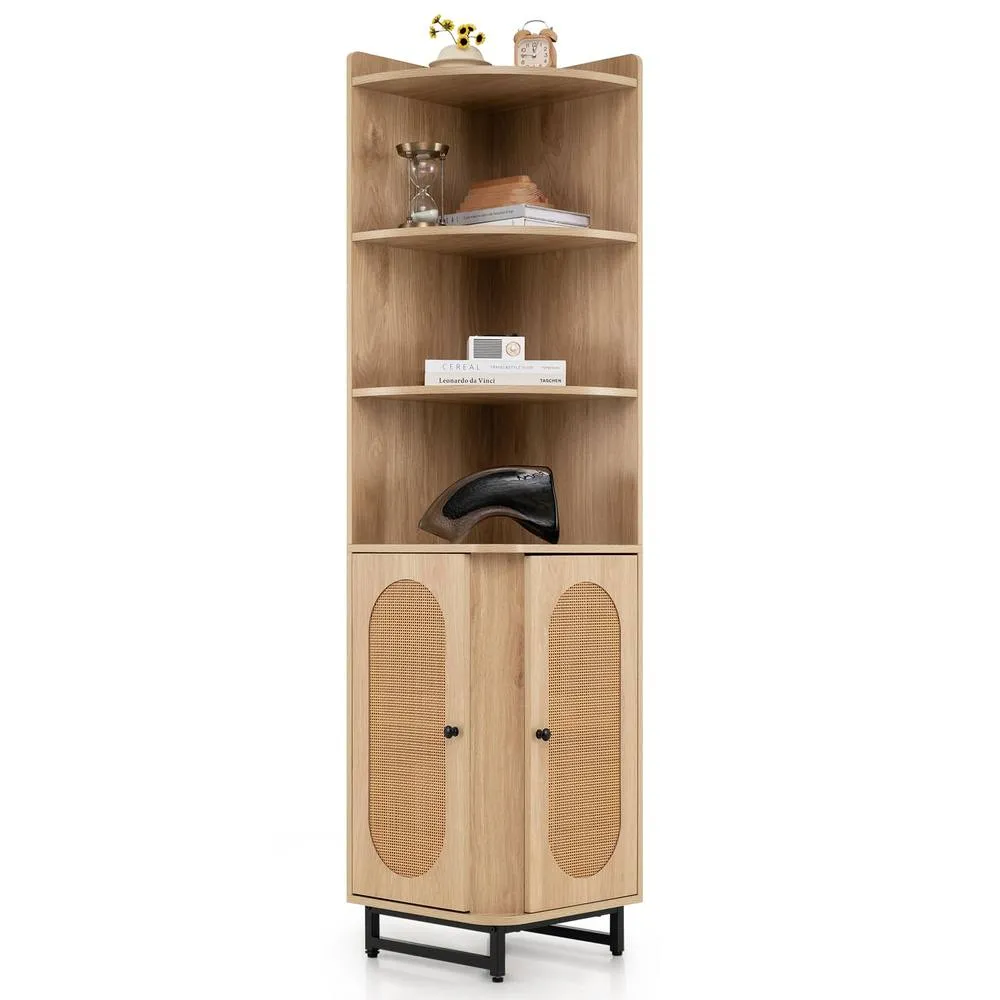 Costway PE Rattan Corner Cabinet 172 cm Tall Corner Bookcase with 2 Doors in Natural