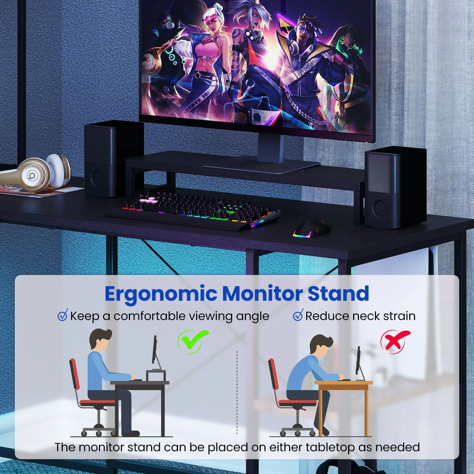 Costway L-Shaped Gaming Desk Reversible Corner Computer Desk w/LED Strip in Black 3
