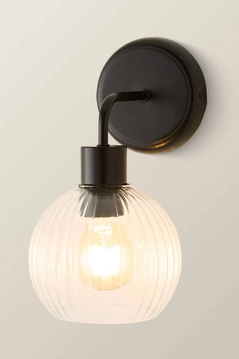 ValueLights Maddison Pair Clear Ribbed Glass Globe Metal Wall Light Fittings in Black 4