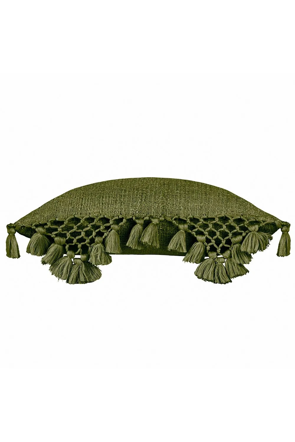 Yard Anko Slub Cotton Macrame Tassel Trimmed Cushion in Khaki 2