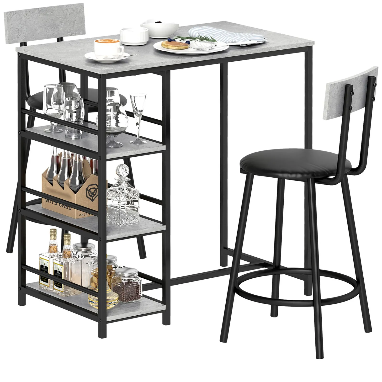 HOMCOM 3 Piece Breakfast Bar Table Set with Storage Shelves, Light Grey 2