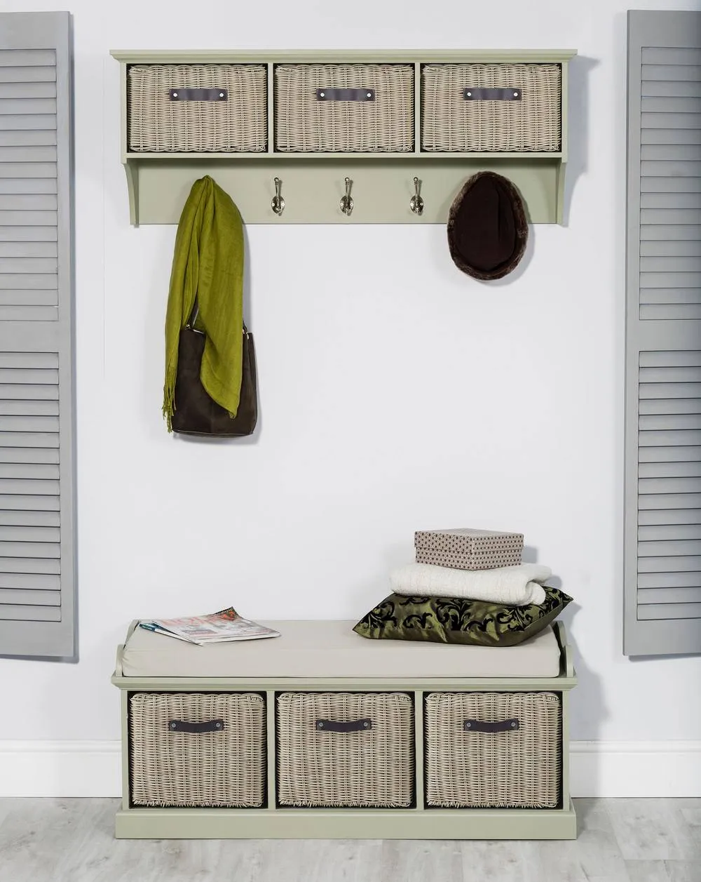 Statement Furniture Tetbury Bench with 3 Brown Faux Rattan Baskets & Cream Cushion in Light Green 3