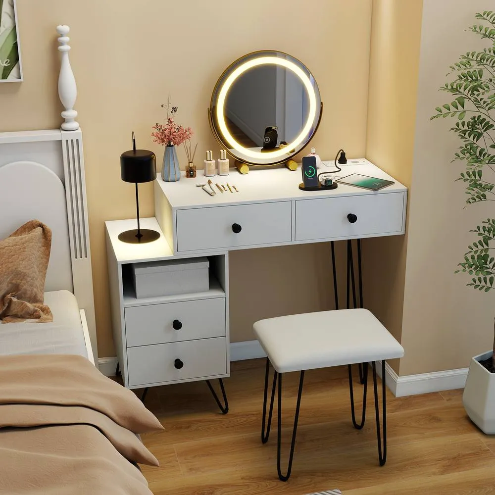 Costway Makeup Vanity Desk Modern Dressing Table Set w/Mirror & Lights-White in White 4