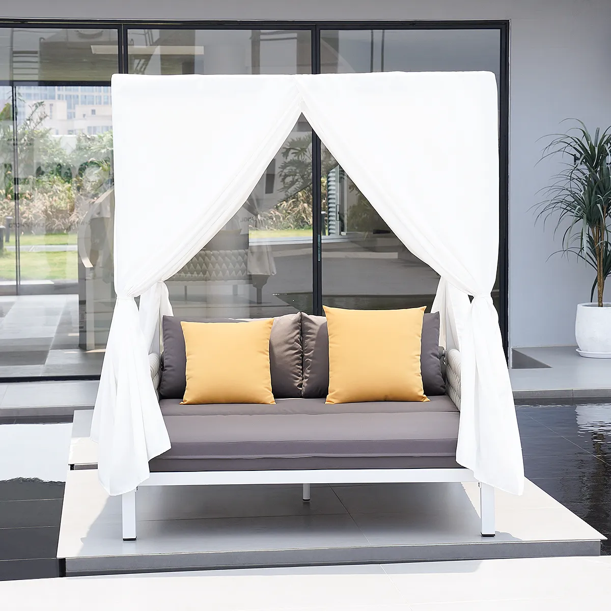 White Aluminium & Grey Woven Rope 2-Person Outdoor Patio Daybed with Canopy Curtains