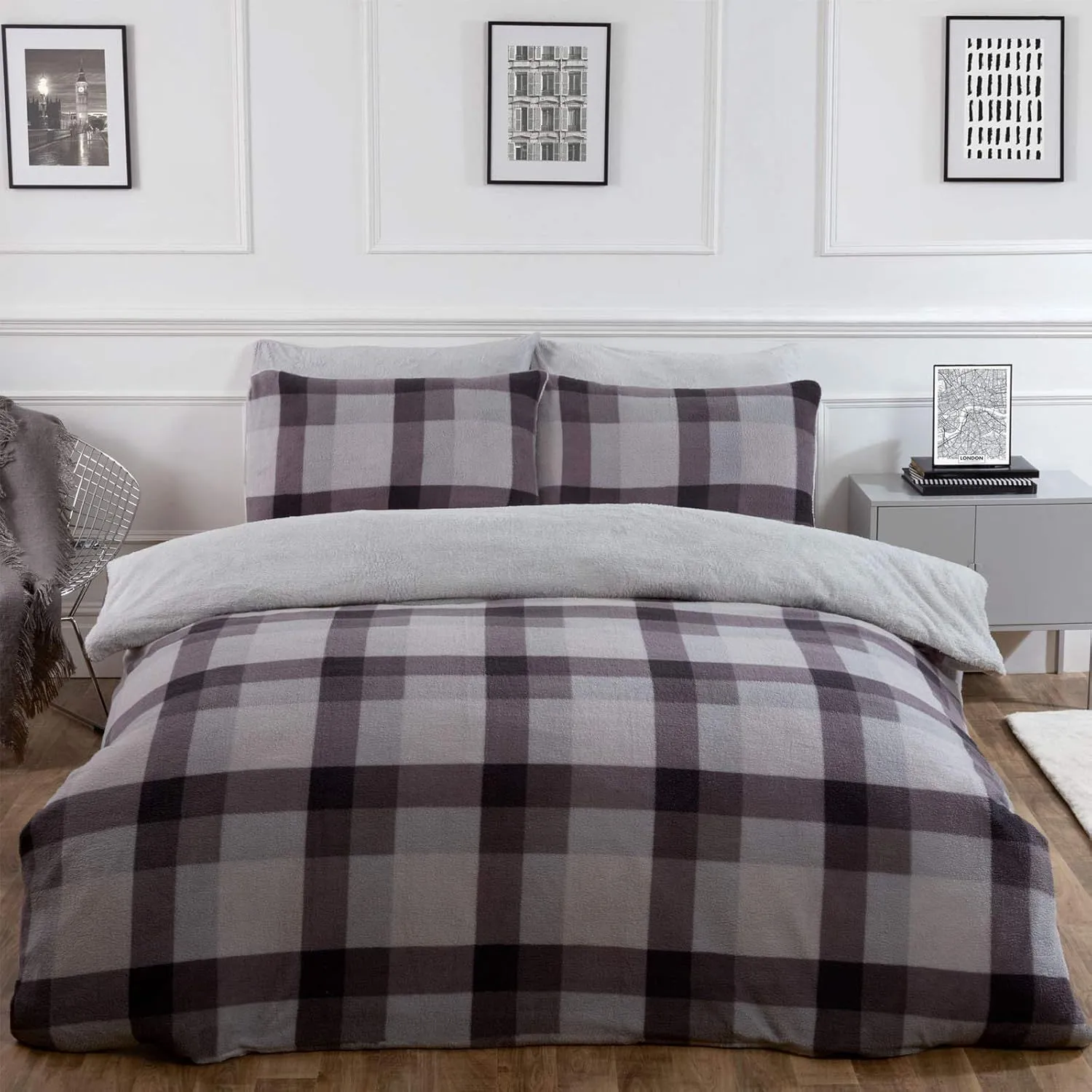 OHS Check Teddy Duvet Cover with Pillowcase Set in Grey