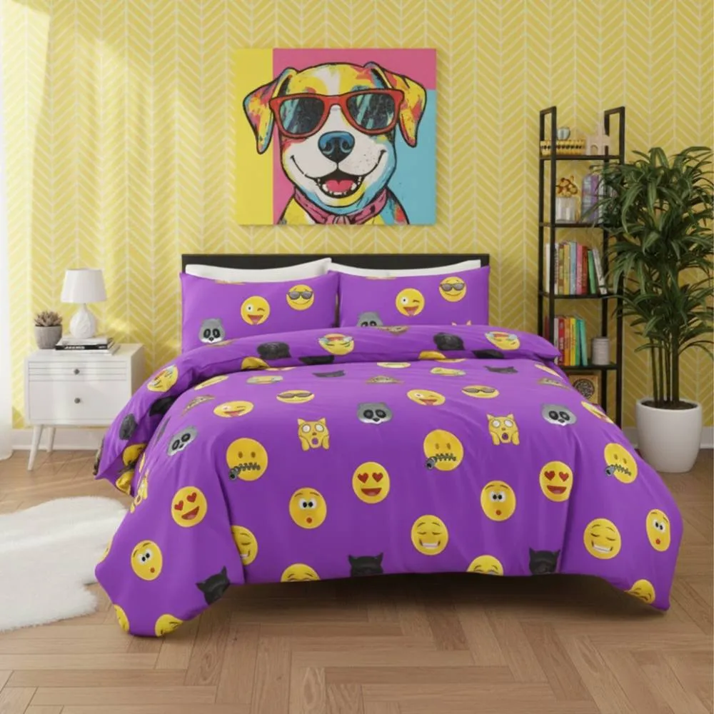 Snug City Emoji Print Duvet Cover Set Cool Playful Bedding with Pillowcases in Lilac