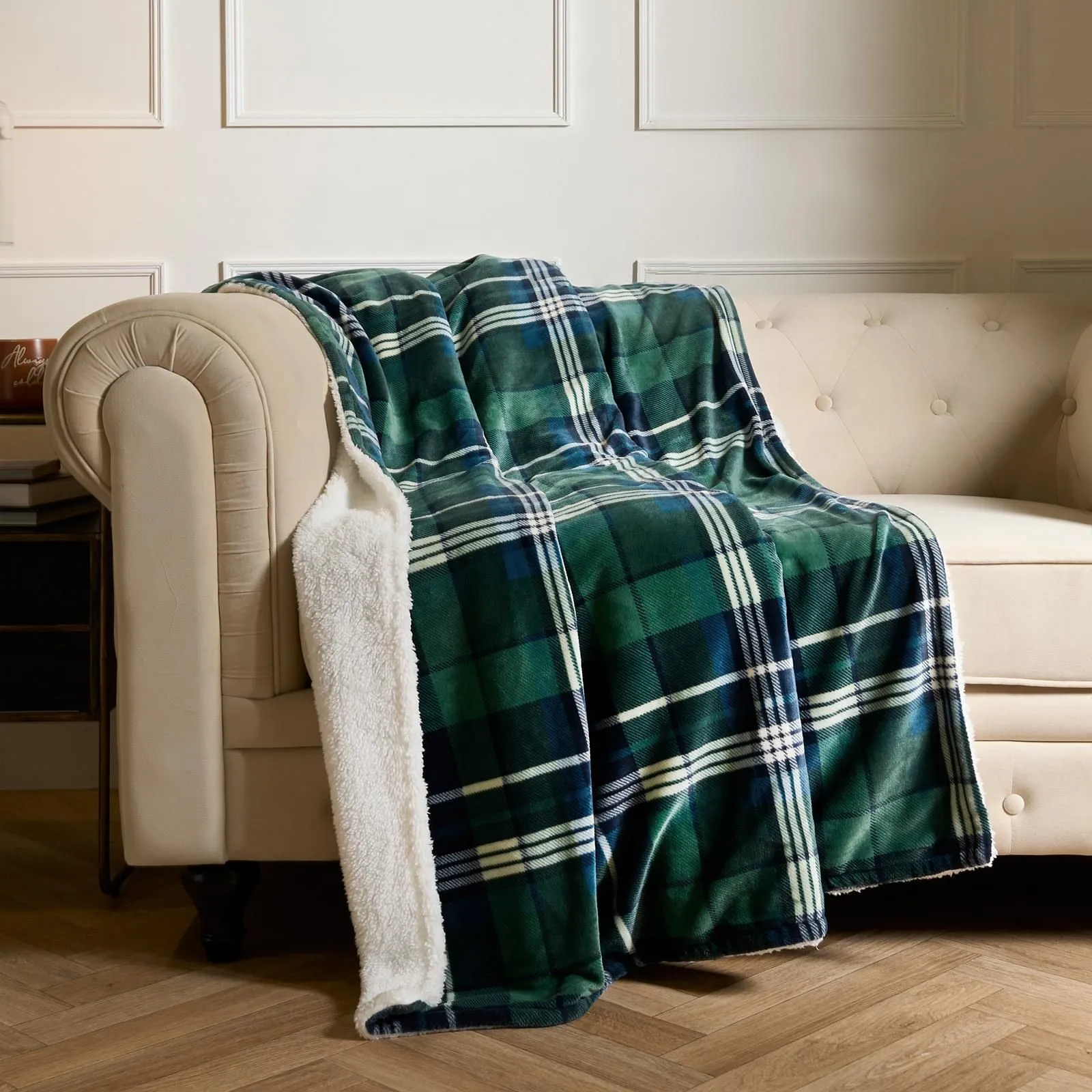 OHS Flannel Check Sherpa Fleece Soft Warm Throw in Dark Navy