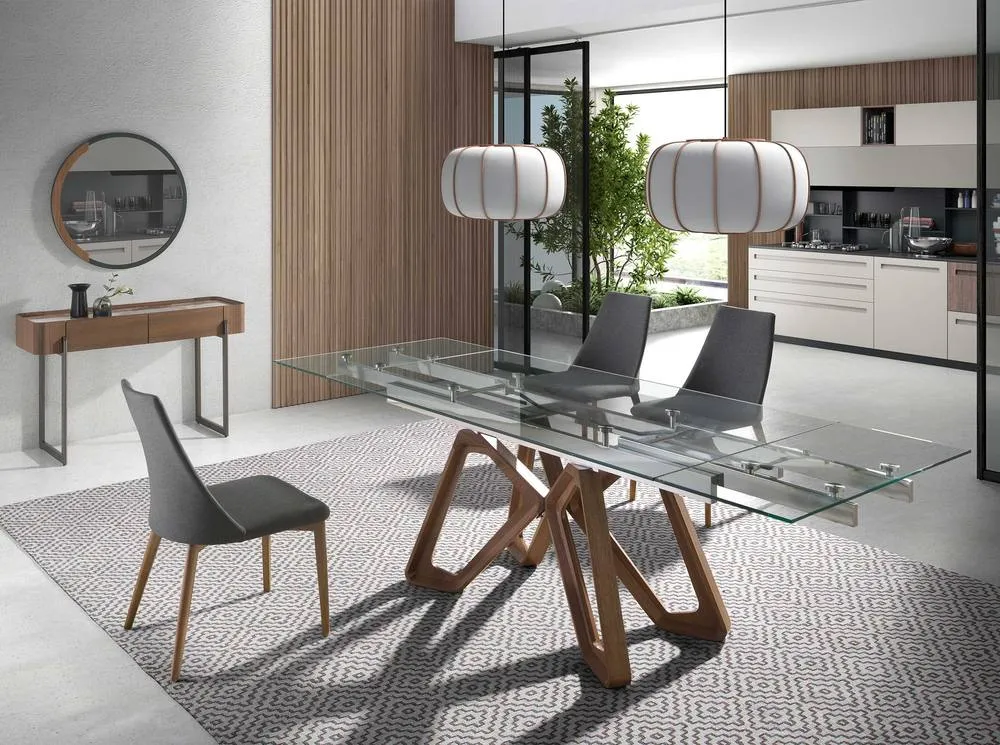 Angel Cerda Rectangular Extending Dining Table Tempered Glass Top in Walnut 4