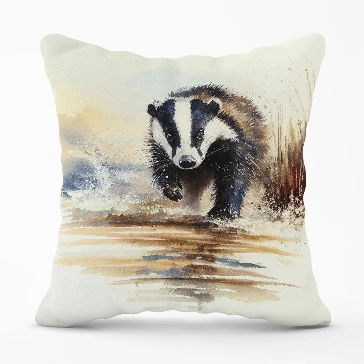 Warren Reed - Designer Wading Badger Watercolour Outdoor Cushion in Brown