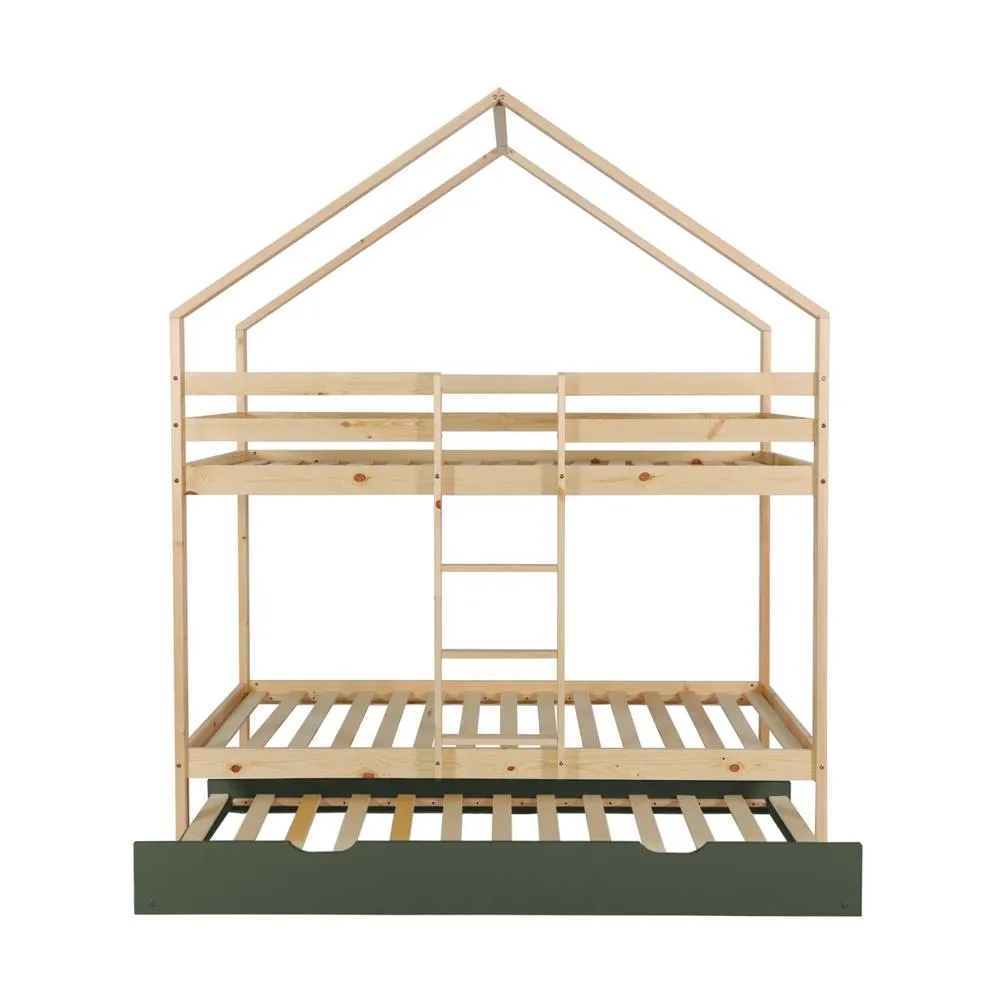 sweeek Children's bunk bed 90 x 190 cm natural pine with pull-out bed in Green 6