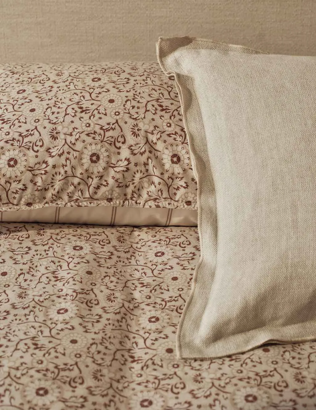 M&S Cotton Rich Woodblock Floral Bedding Set Biscuit