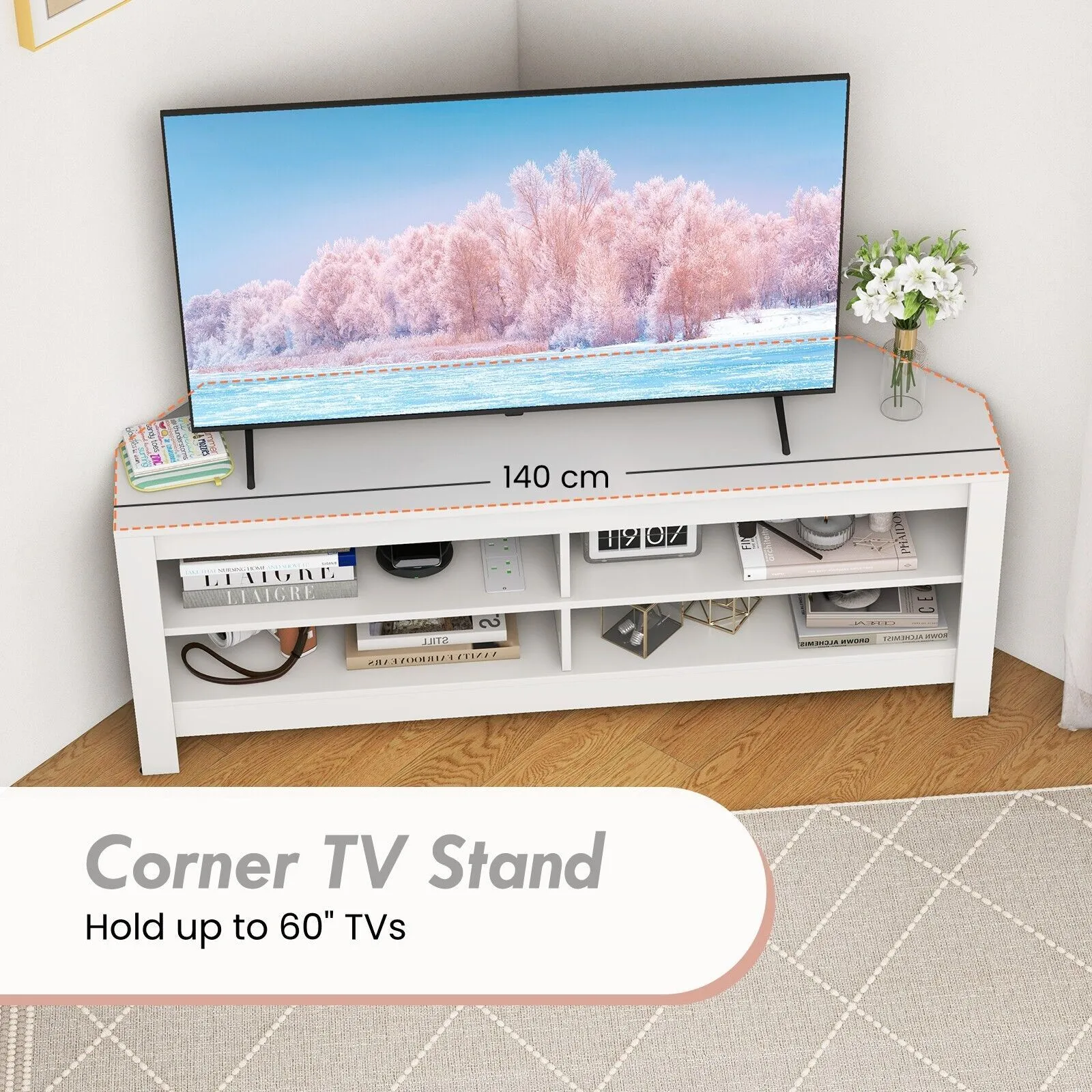 Costway Corner TV Stand with Power Outlet 3-Tier Entertainment Center for 60" TV in White 4