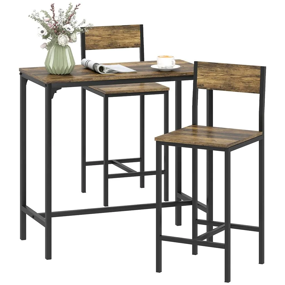 HOMCOM 3-Piece Bar Table Set with 2 Stools, Footrest in Dark Brown 2
