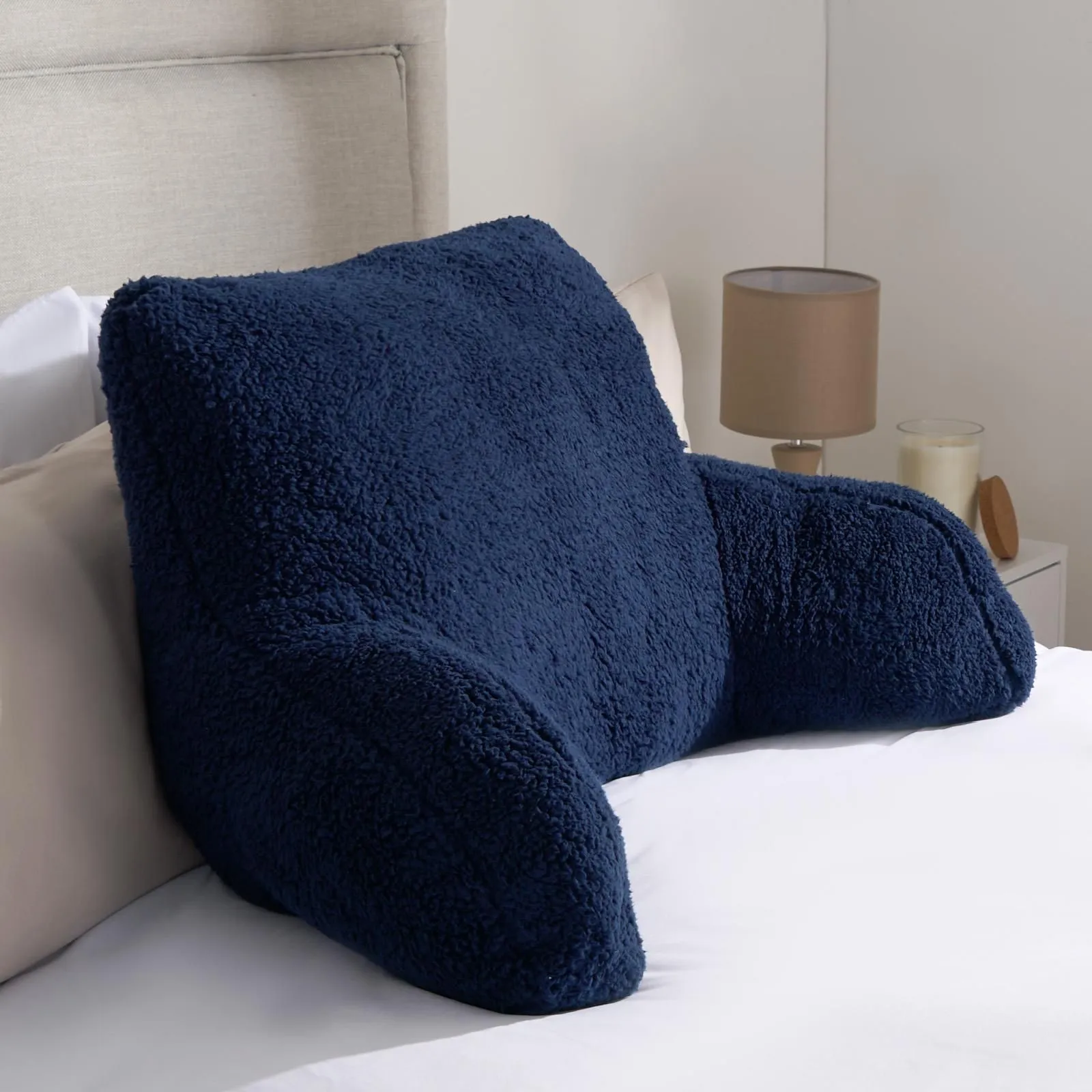 OHS Teddy Fleece Bed Reading Cushion Pillow with Arms Lumbar Support in Dark Navy