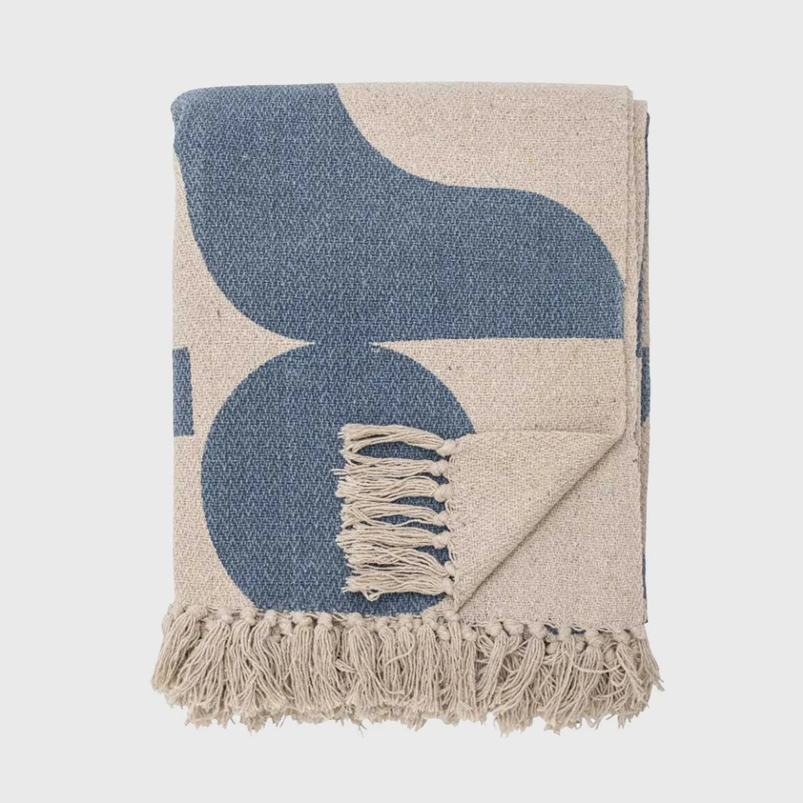 Recycled Printed Fringed Throw Blanket, Blue Cotton Blend | Barker & Stonehouse