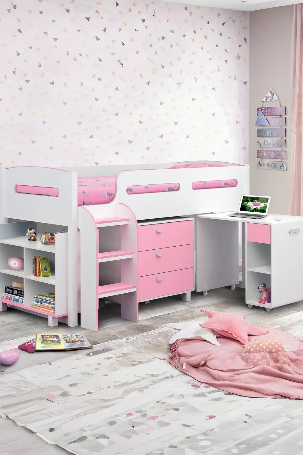 Julian Bowen Kimbo Single Pink & White Midsleeper Cabin Bed with Desk
