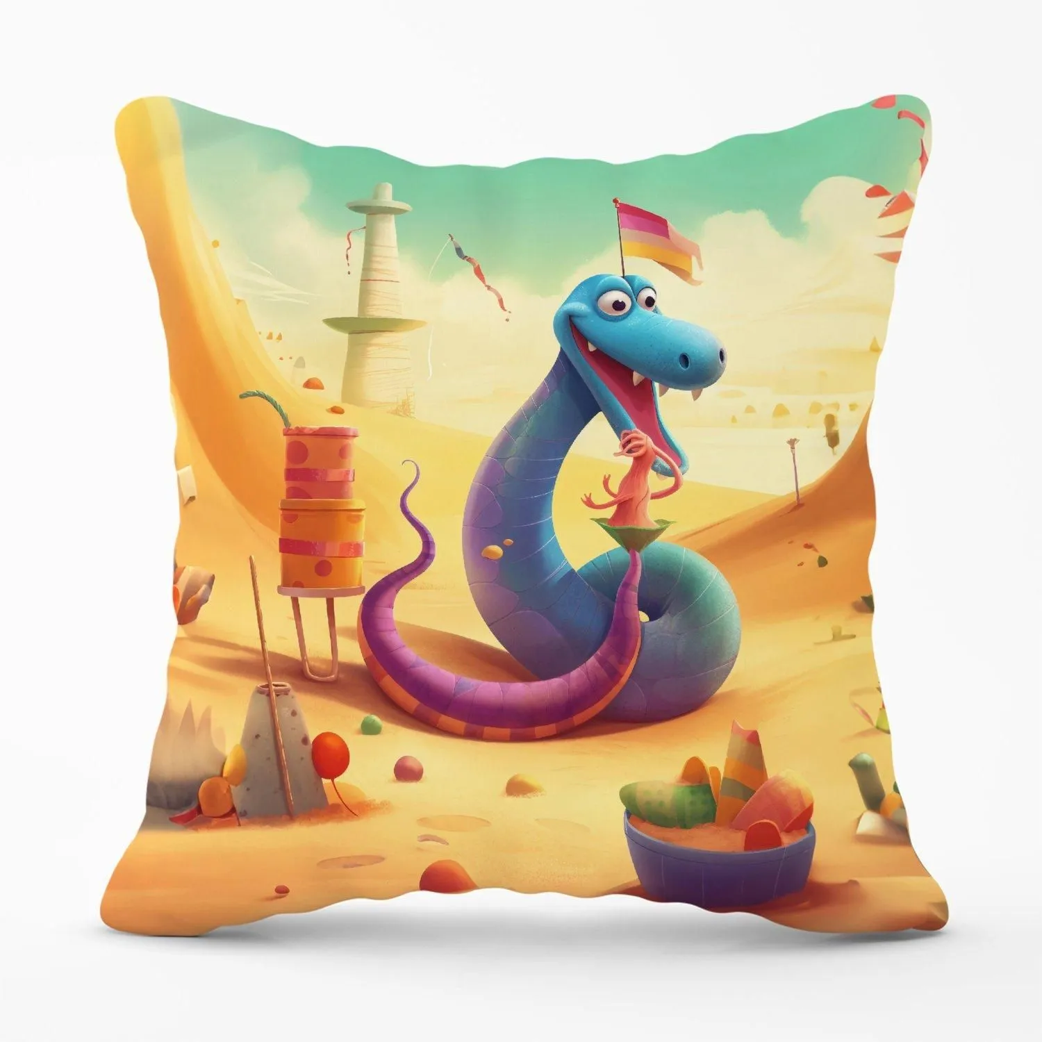 Warren Reed - Designer Snake On A Beach Holiday Outdoor Cushion in Yellow