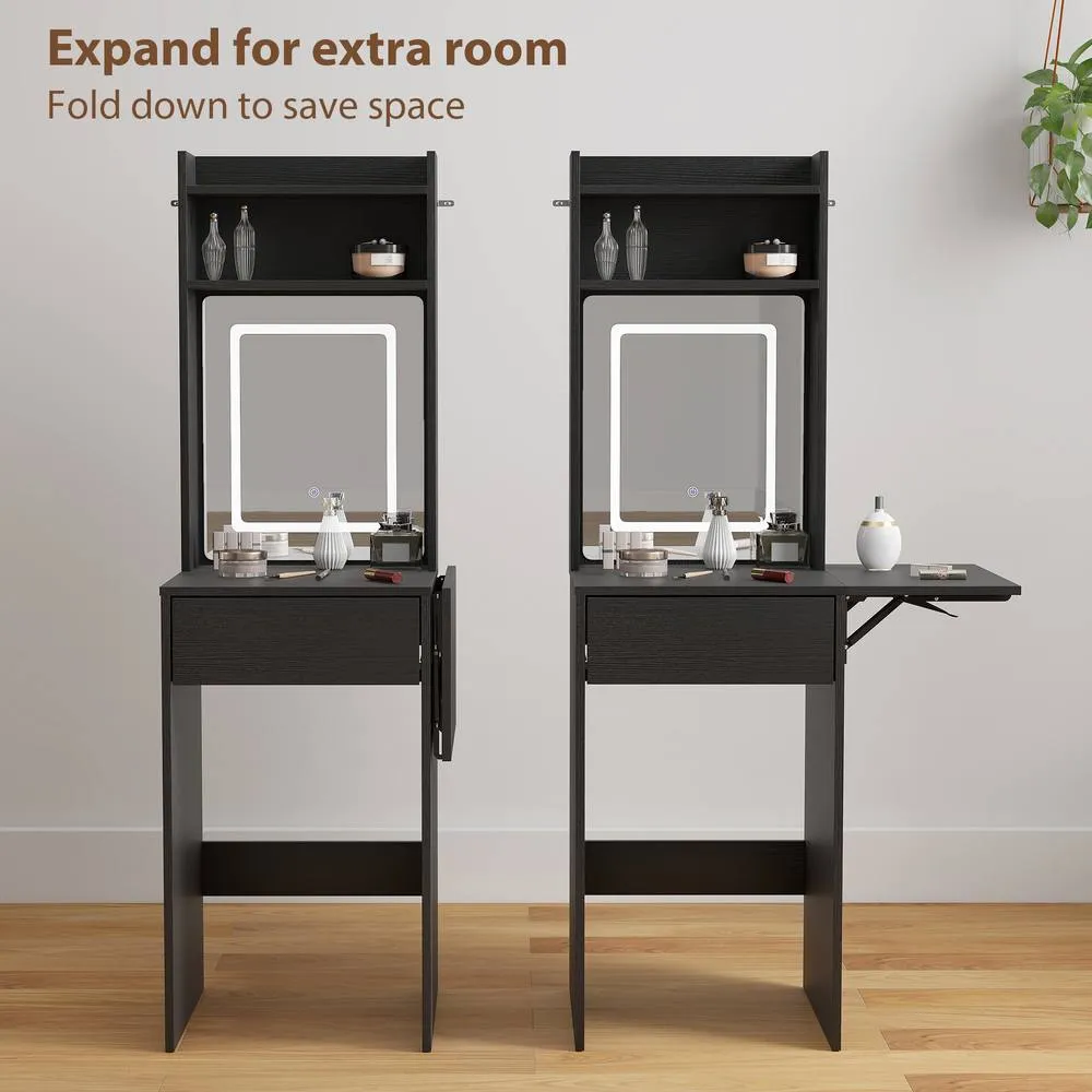 HOMCOM Compact Dressing Table with Lighted Mirror Open Shelves Drawer in Black 6
