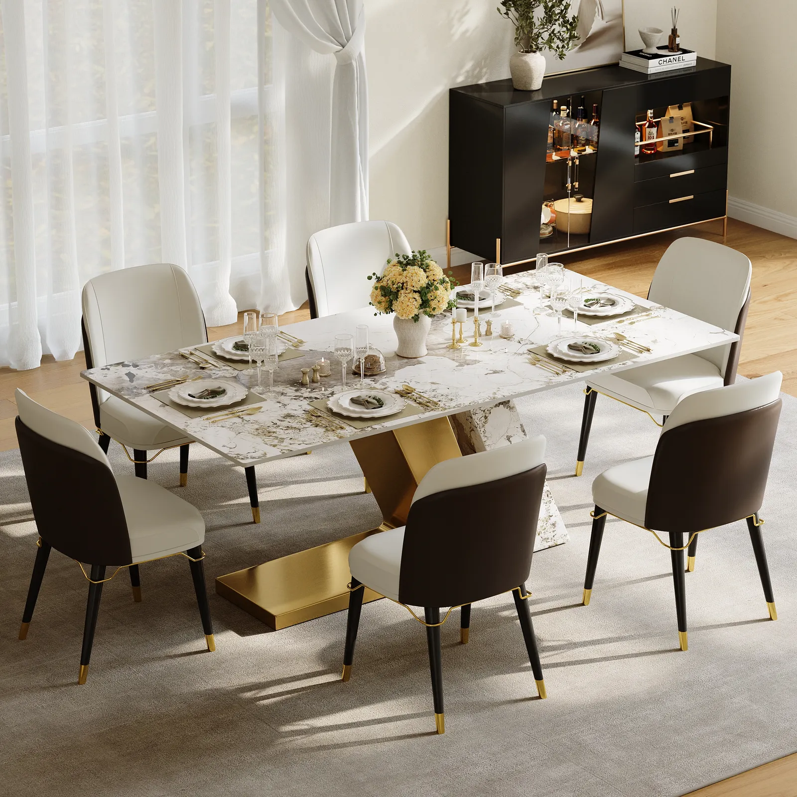 Modern 1800mm Rectangle Sintered Stone Dining Table with 6 Chairs in Gold