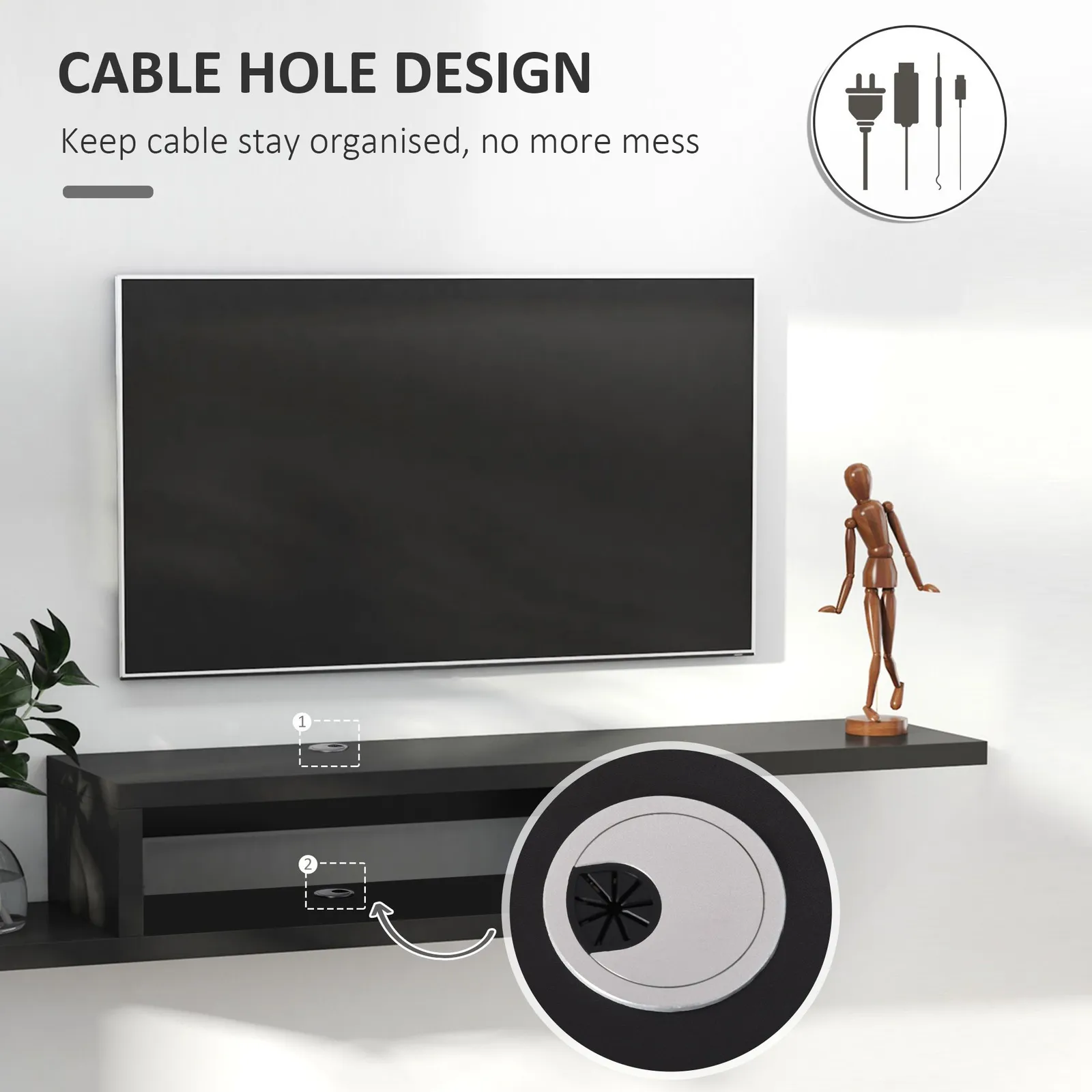 HOMCOM Wall Mounted Media Console, Floating TV Stand Component Shelf in Black 4