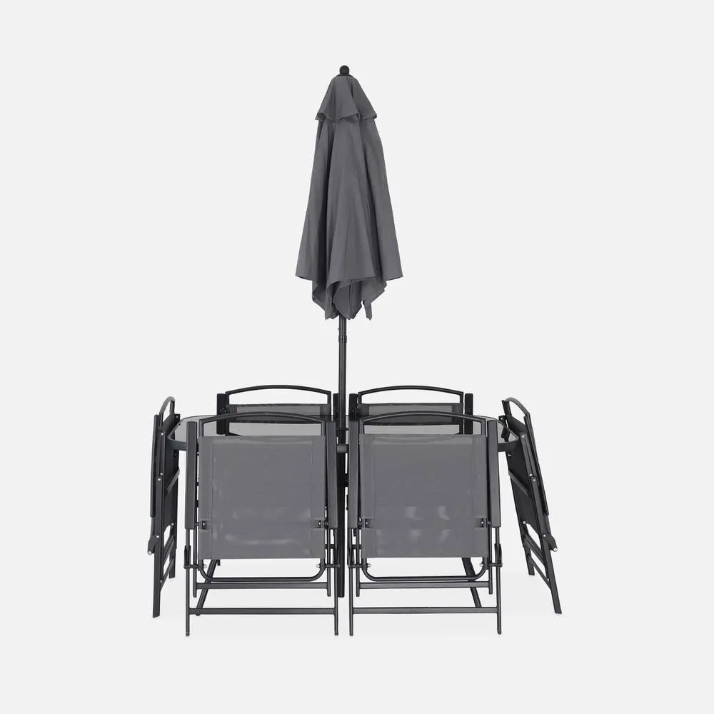 sweeek 6-seater Metal Dining Set With Foldable Chairs & Parasol in Grey 3