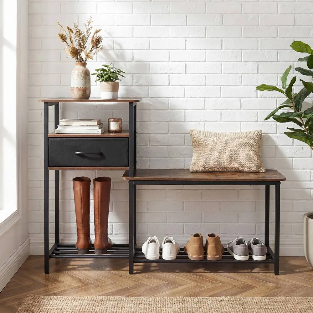 Costway 3-Tier Shoe Rack Bench Industrial Entryway Shoe Storage Bench w/Drawer in Brown 4