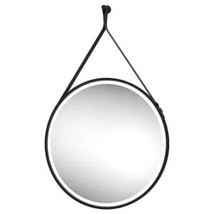 Edmonton Colour Changing Matt Black LED Hanging Mirror with Leather Strap - 600mm