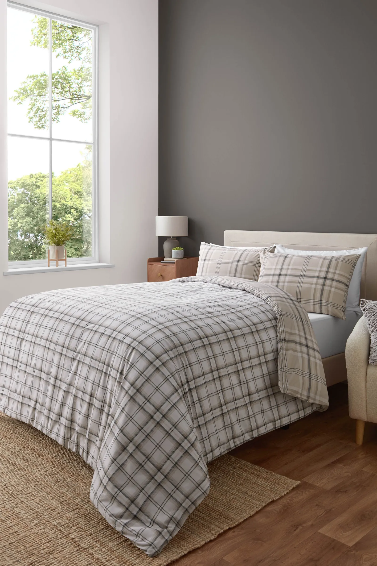Catherine Lansfield 'Kelso Check' Reversible Duvet Cover Set in Natural 3