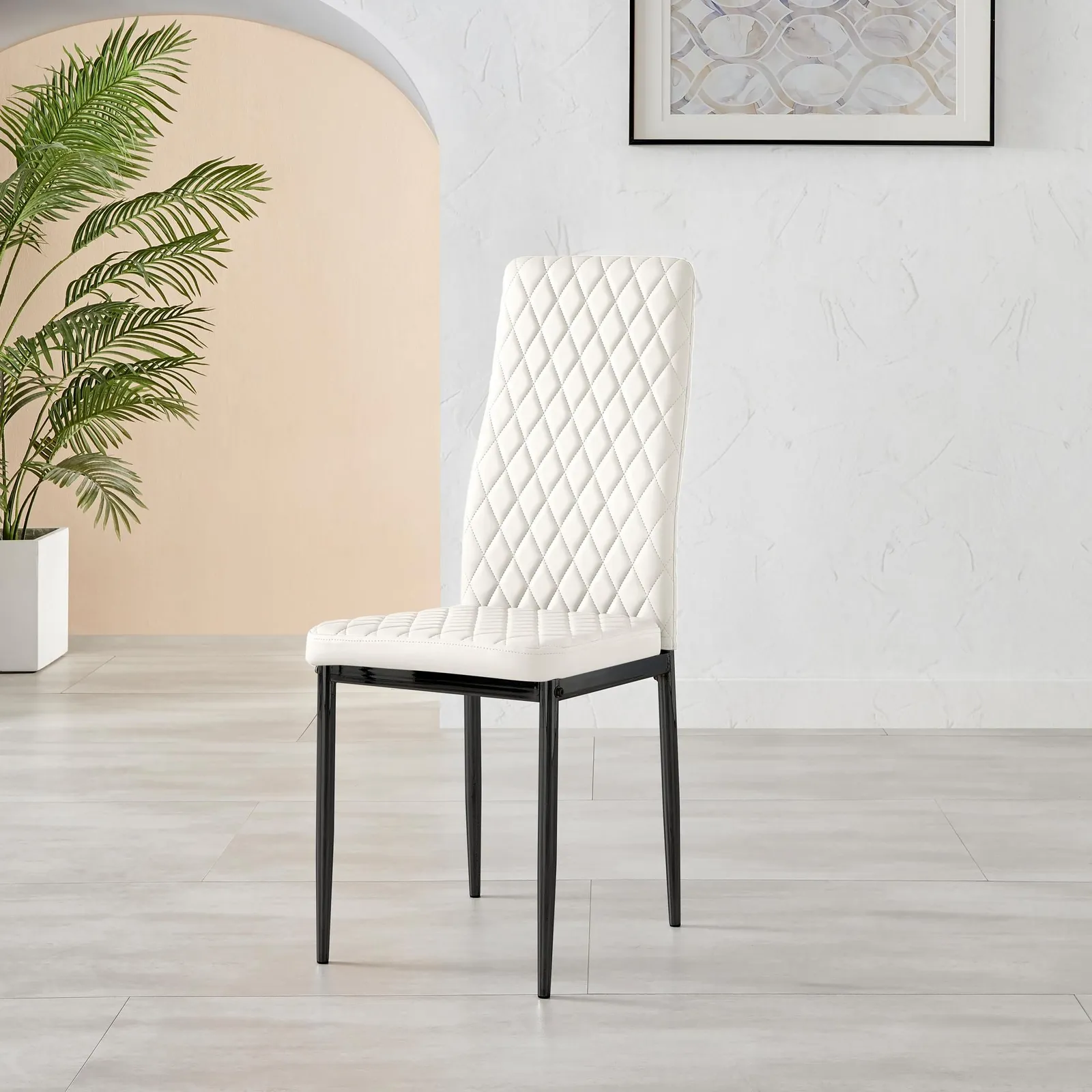 FurnitureboxUK Set of 4 Milan High Back Soft Touch Diamond Pattern Faux Leather Dining Chairs With Black Powder Coated Metal Legs in White 4