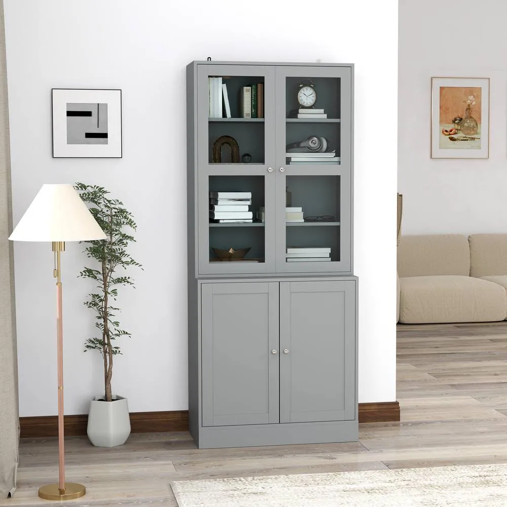 HOMCOM Modern Bookcase Display Storage Cabinet w/ Doors Adjustable Shelves in Grey