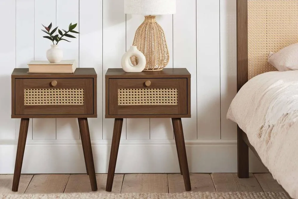 Birlea Pair of Bedside 1 Drawer Cabinet Rattan Croxley Side Table Walnut in Brown