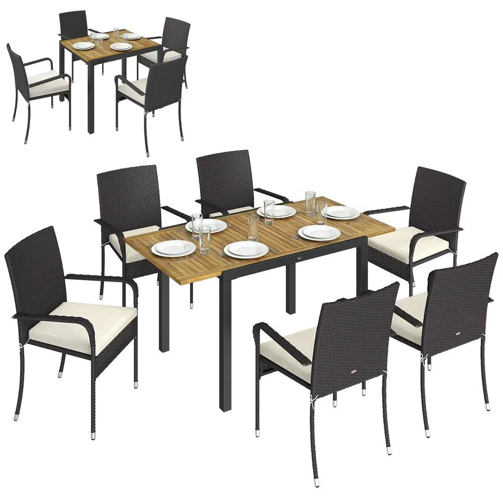 OUTSUNNY 6 Seater Rattan Garden Furniture Set with Stackable Chairs in Cream 2
