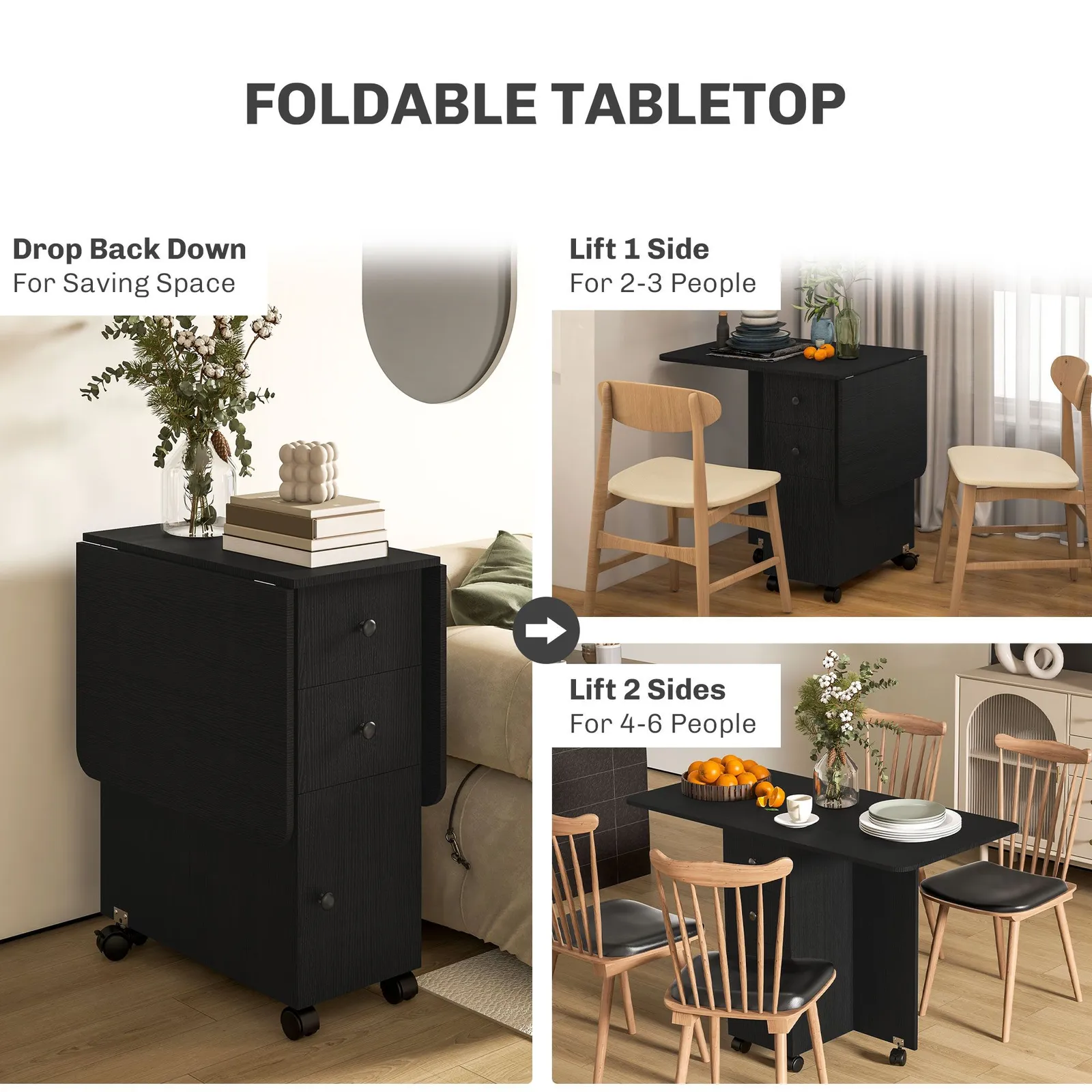 HOMCOM Folding Dining Table, Drop Leaf Table With Drawers in Black 6