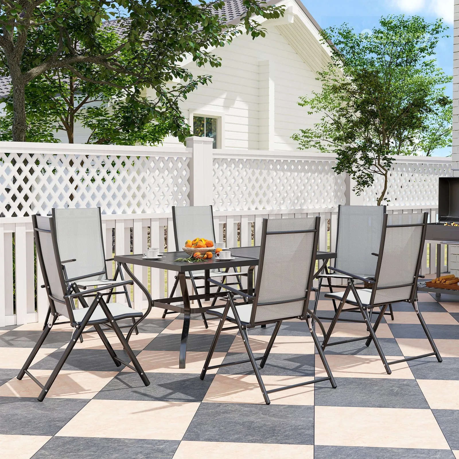 OUTSUNNY 7 PCs Garden Dining Set, Folding Chairs & Metal Top Table, Grey