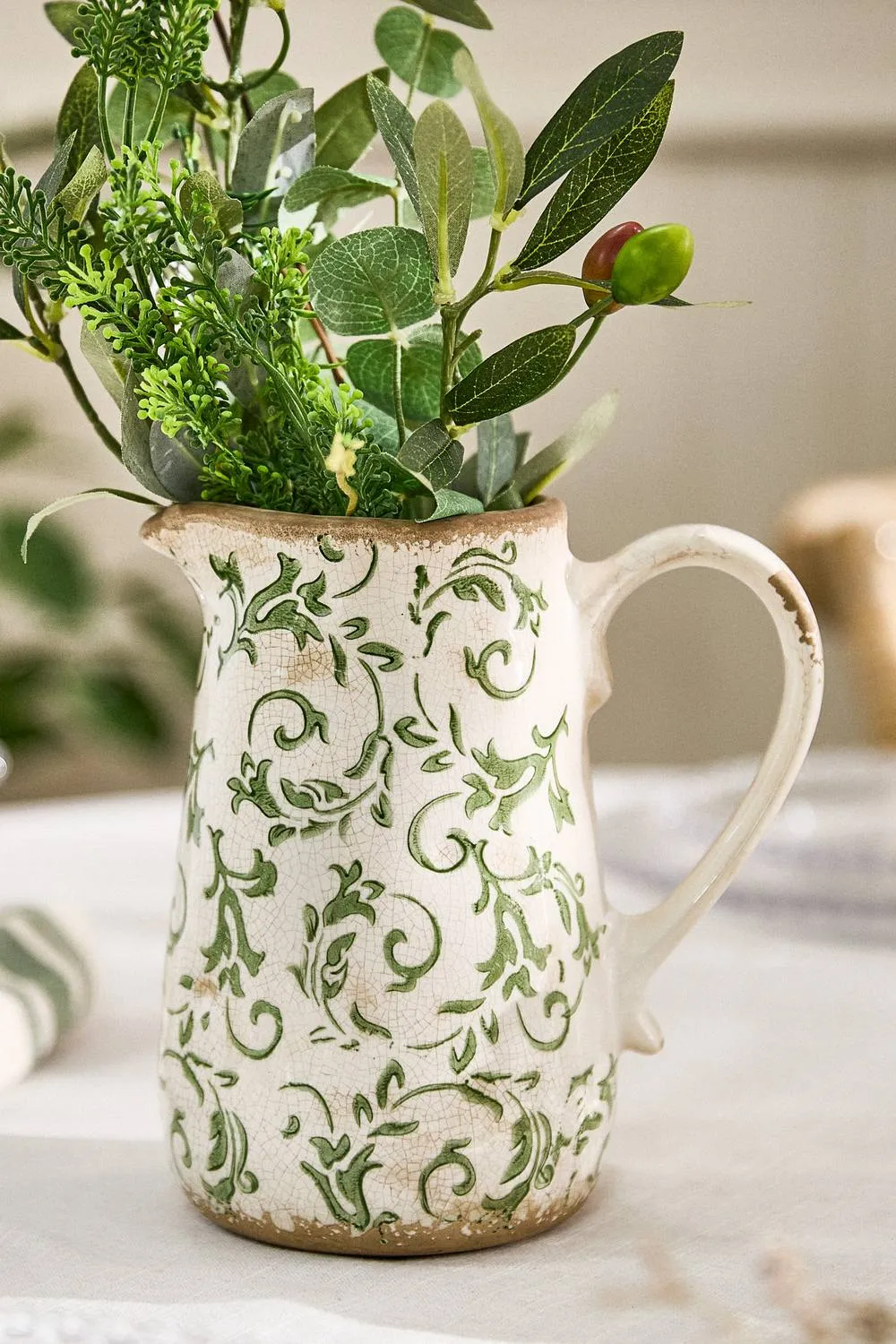 Dibor Vintage Irina Small Green Botanical Home Decor Pitcher Jug H18 x W16cm in Cream